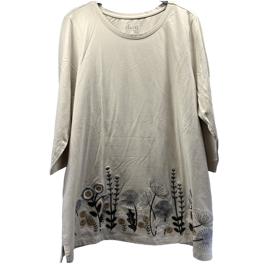 Denim & Co Women Top Size 1X Plus Ivory Embroidered Bohemian 3/4 Sleeve Pullover